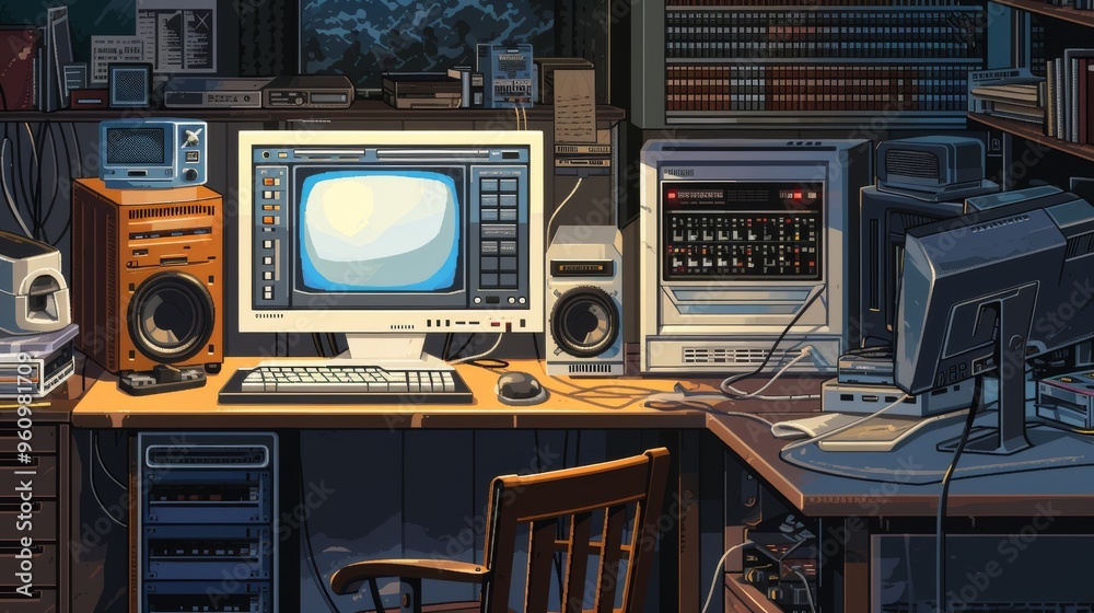 Obraz premium A cozy, vintage-inspired workstation featuring a retro computer, audio equipment, and various electronic devices. The setup is warmly lit, evoking a sense of nostalgia and technological history.