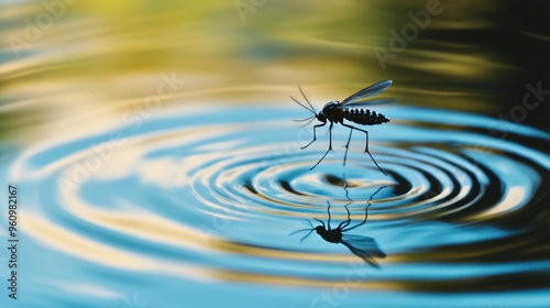 A close-up of a mosquito flying near still water, with ripples forming below.