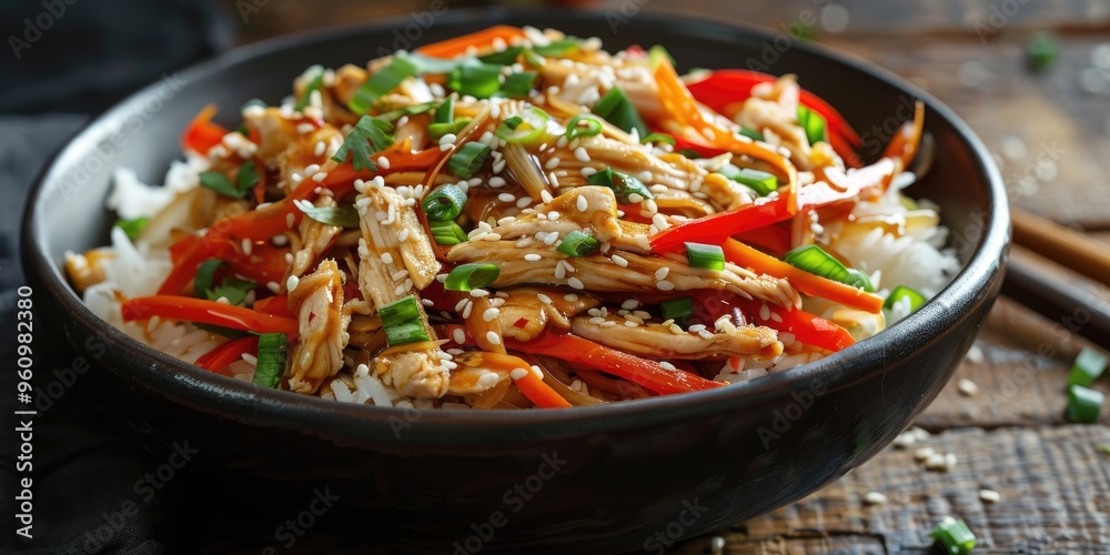 Detailed view of flavorful shredded chicken mixed with carrots and bell peppers, topped with sesame seeds and green onions, served over rice in a dark bowl placed on a weathered wooden surface. Detailed view of flavorful shredded chicken mixed with carrots and bell peppers, topped with sesame seeds and green onions, served over rice in a dark bowl placed on a weathered wooden surface.