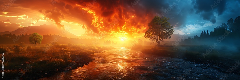 Document climate change panoramic layout depict environmental impacts urging urgent action