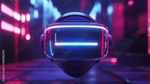 A VR headset sits in a neon-lit room, a futuristic vision of virtual reality.