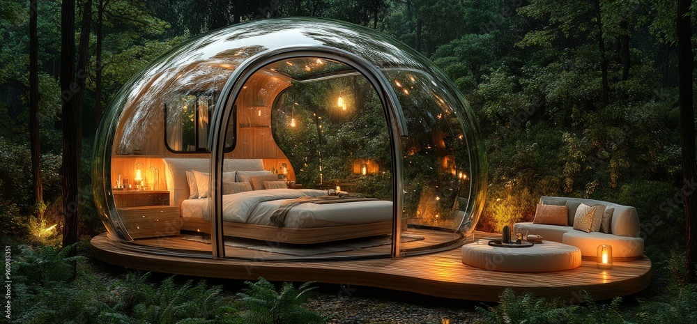 Fototapeta premium Modern glass bubble house in a forest with a bed, a sofa and a fireplace.