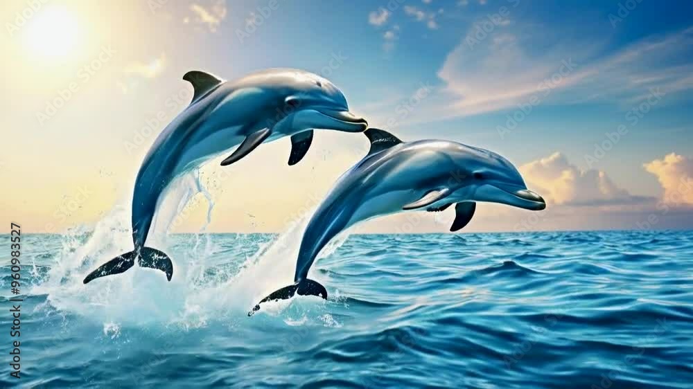 Two dolphins leaping out of the water with the sun setting in the background. Two dolphins leaping out of the water with the sun setting in the background.