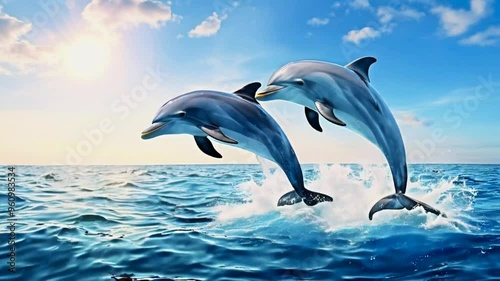 Two dolphins jump out of the water in a playful display of acrobatics.