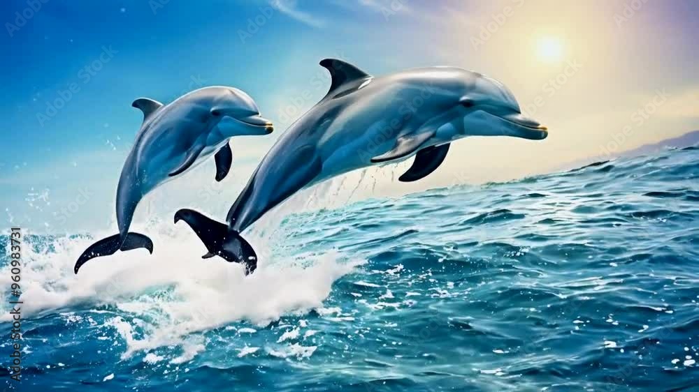 Two dolphins leaping out of the water against a vibrant sunset backdrop. Two dolphins leaping out of the water against a vibrant sunset backdrop.