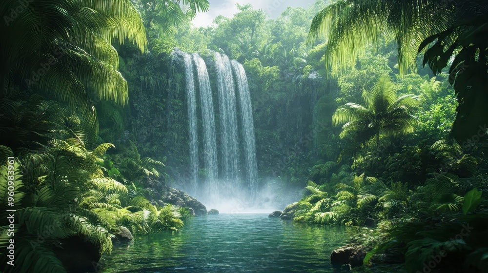 Lush tropical rainforest with dense foliage, exotic birds, and vibrant waterfalls, high quality, photorealistic, emerald green landscape with ancient trees and hidden trails Lush tropical rainforest with dense foliage, exotic birds, and vibrant waterfalls, high quality, photorealistic, emerald green landscape with ancient trees and hidden trails