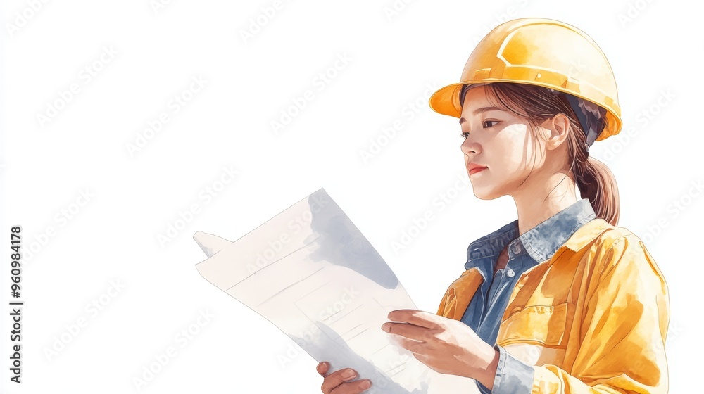 Woman Architect Reading Blueprint Wearing Hardhat Woman Architect Reading Blueprint Wearing Hardhat