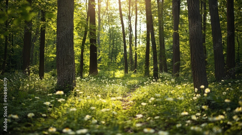 A forest in spring, with fresh green leaves on the trees and wildflowers blooming on the ground.