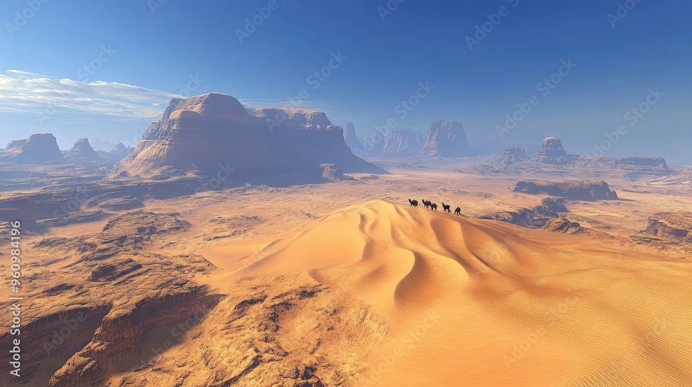 Fototapeta premium Vast arid desert with golden sand dunes stretching to the horizon, tranquil and remote, photorealistic, camel caravan moving across the landscape, clear blue sky, rugged rock formations