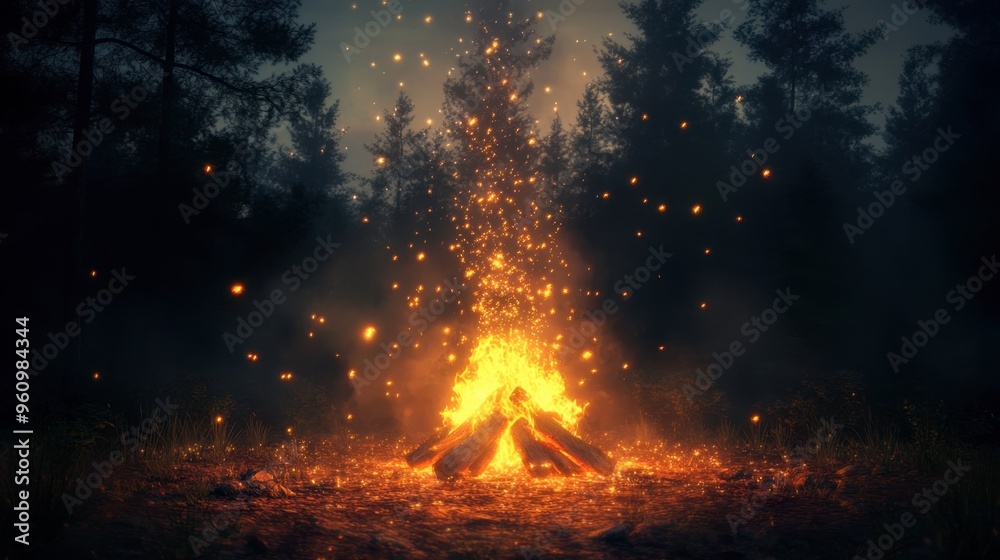 A glowing campfire with sparks flying into the night sky, surrounded by dark trees. A glowing campfire with sparks flying into the night sky, surrounded by dark trees.