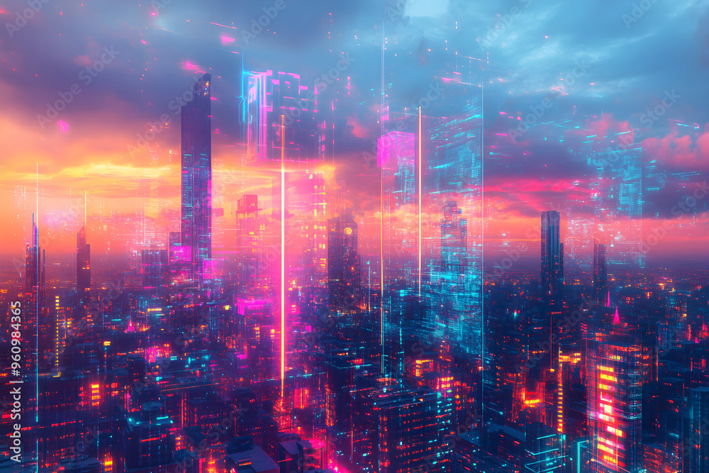 Fototapeta premium Futuristic Cityscape with Neon Lights and Digital Glitch Effects