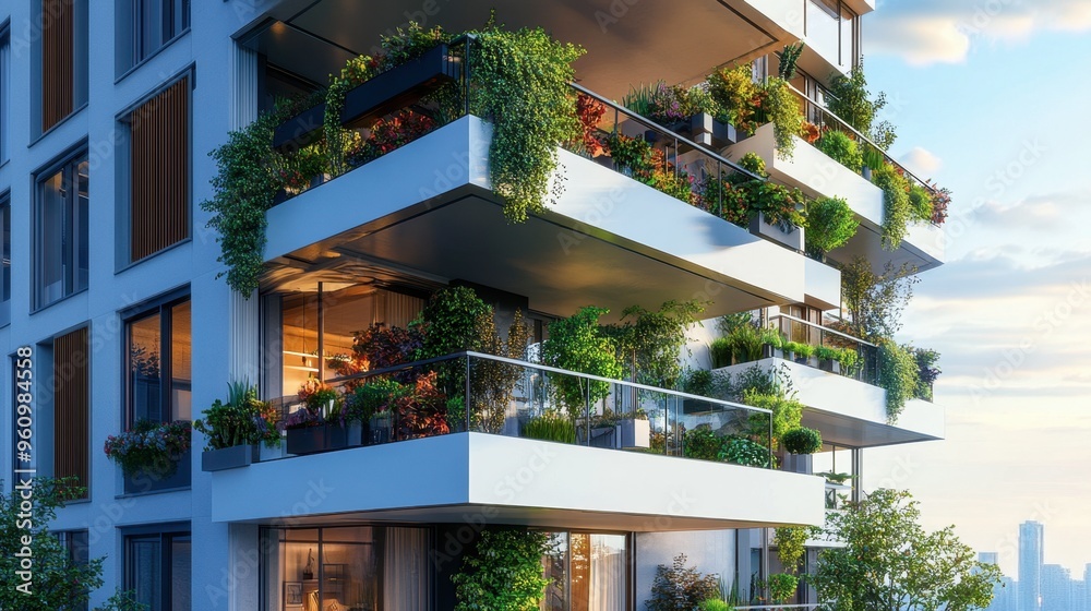Obraz premium A high-rise apartment building with balconies, each decorated with plants and outdoor furniture.