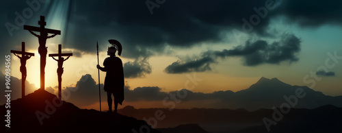 A Roman centurion watches Jesus and two criminals crucified on Golgotha. The sky darkens dramatically. The subjects are on the left side of the image, with no text. photo