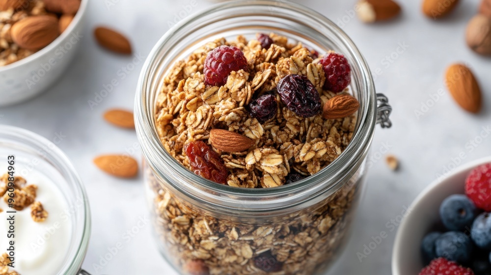 A jar of homemade granola, with nuts and dried fruits visible, accompanied by a bowl of yogurt and fresh berries. A jar of homemade granola, with nuts and dried fruits visible, accompanied by a bowl of yogurt and fresh berries.