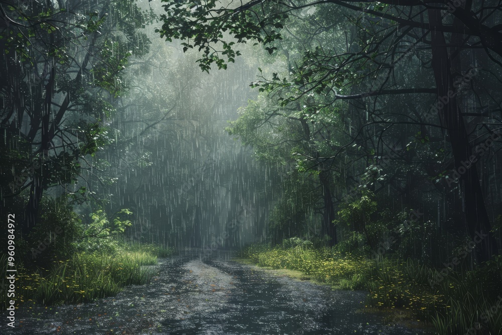 Image of the forest trail atmosphere with light rain falling. Create a shady and quiet atmosphere Image of the forest trail atmosphere with light rain falling. Create a shady and quiet atmosphere