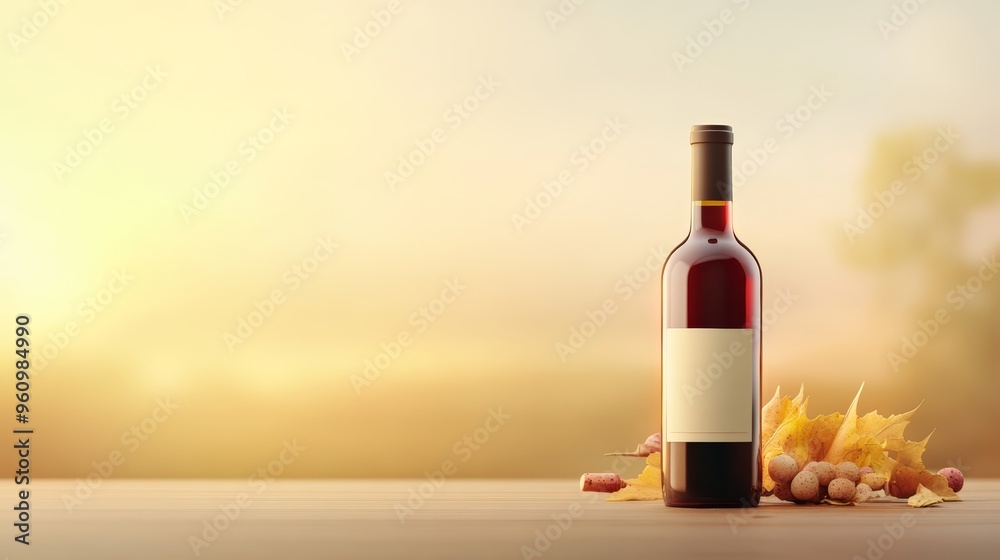 Red Wine Bottle on Wooden Table with Autumn Leaves and Cork Red Wine Bottle on Wooden Table with Autumn Leaves and Cork