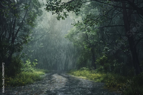  Image of the forest trail atmosphere with light rain falling. Create a shady and quiet atmosphere