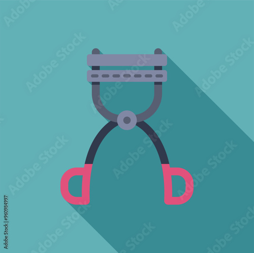Minimalist flat vector illustration of an eyelash curler casting long shadow over a turquoise background