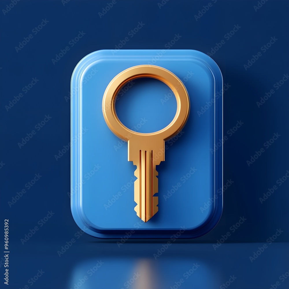 Golden Key Icon on Blue Background 3D Render Golden Key Icon on Blue Background 3D Render