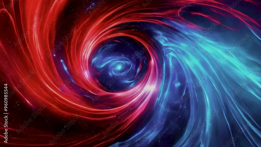 Abstract swirling neon red and blue light against a dark starry background. Abstract swirling neon red and blue light against a dark starry background.