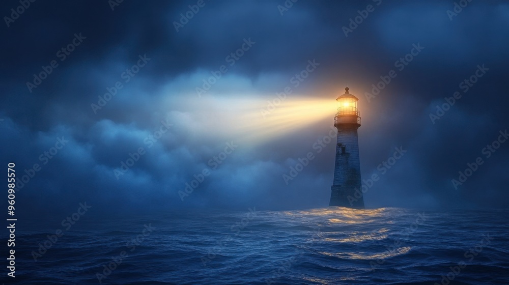 A lighthouse beaming its powerful light across the sea at dusk. A lighthouse beaming its powerful light across the sea at dusk.