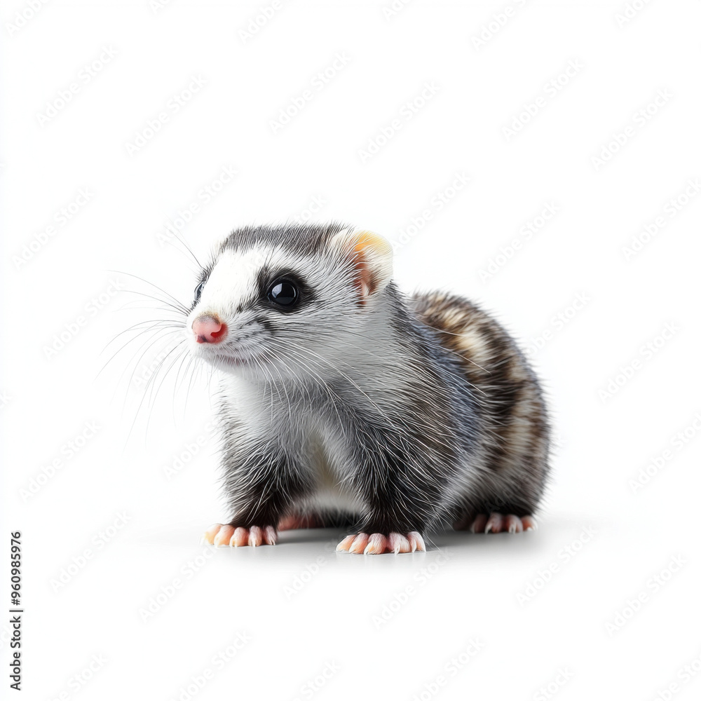 A small, cute ferret sitting on a white background, showing off its inquisitive nature and soft fur in a minimalistic scene. A small, cute ferret sitting on a white background, showing off its inquisitive nature and soft fur in a minimalistic scene.