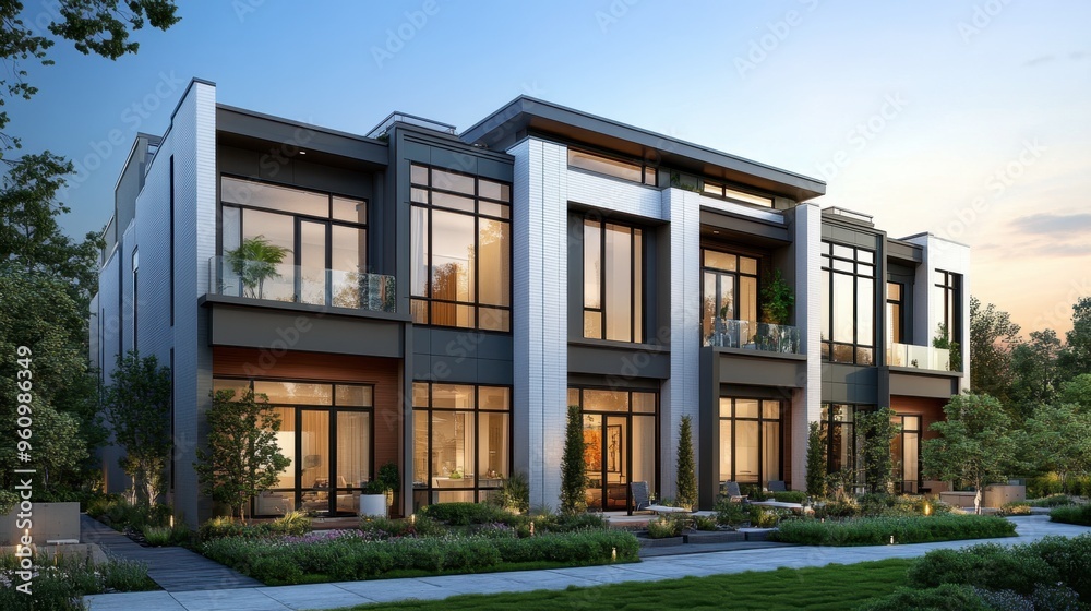 A modern townhouse with clean lines, large windows, and a small balcony with potted plants. A modern townhouse with clean lines, large windows, and a small balcony with potted plants.