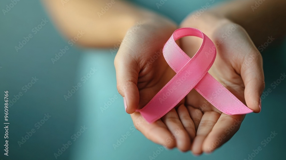 Two hands holding a pink ribbon in an open palm, promoting the message of breast cancer awareness. Two hands holding a pink ribbon in an open palm, promoting the message of breast cancer awareness.