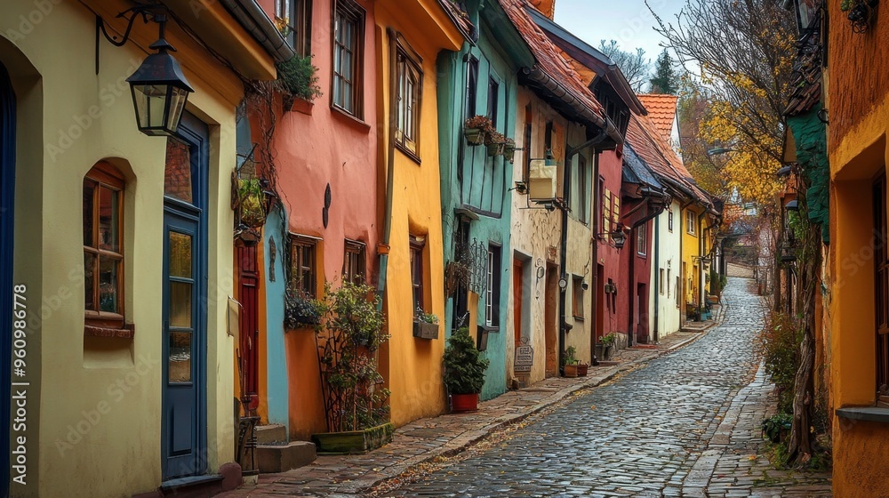 Fototapeta premium A row of colorful houses along a narrow street in a European village, with cobblestones and hanging lanterns.