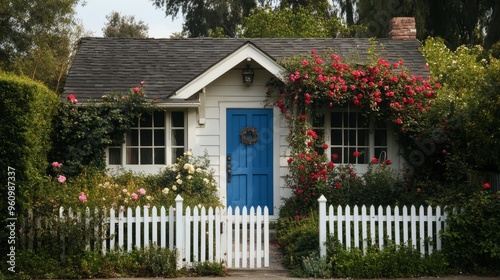 A small, picturesque cottage with a blue door, climbing roses, and a white picket fence.