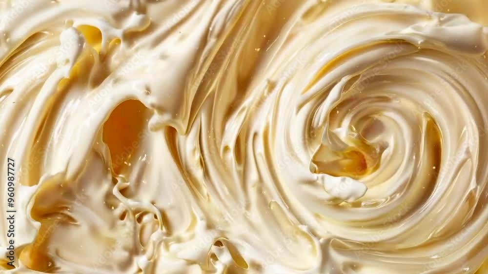 Swirling, creamy close-up of a smooth, pale yellow substance, possibly butter or frosting. Swirling, creamy close-up of a smooth, pale yellow substance, possibly butter or frosting.