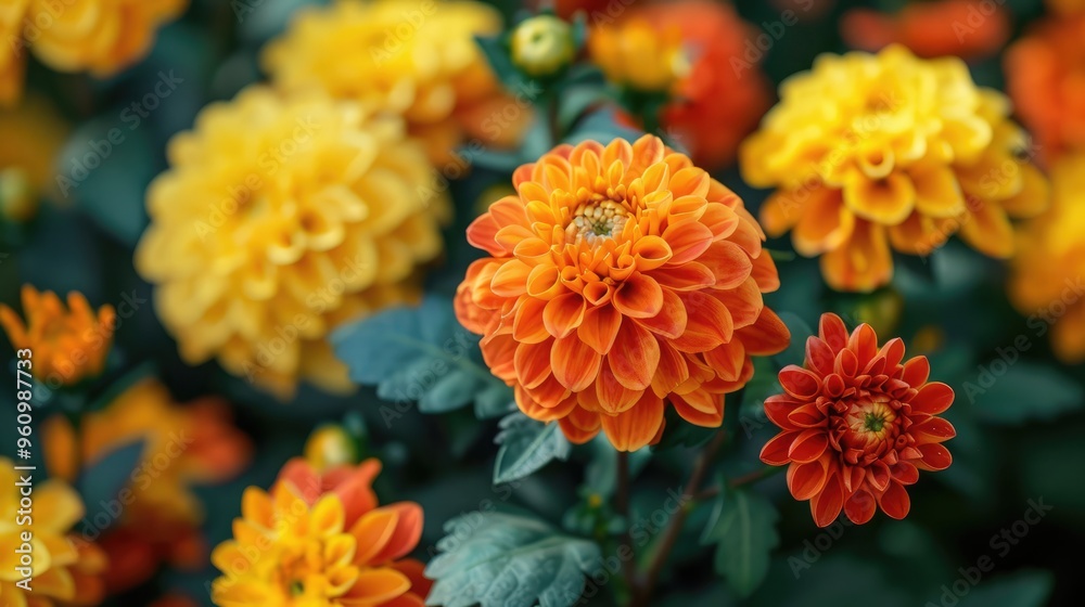 Beautiful Orange and Yellow Flowers with Leaves in Bunches Beautiful Orange and Yellow Flowers with Leaves in Bunches