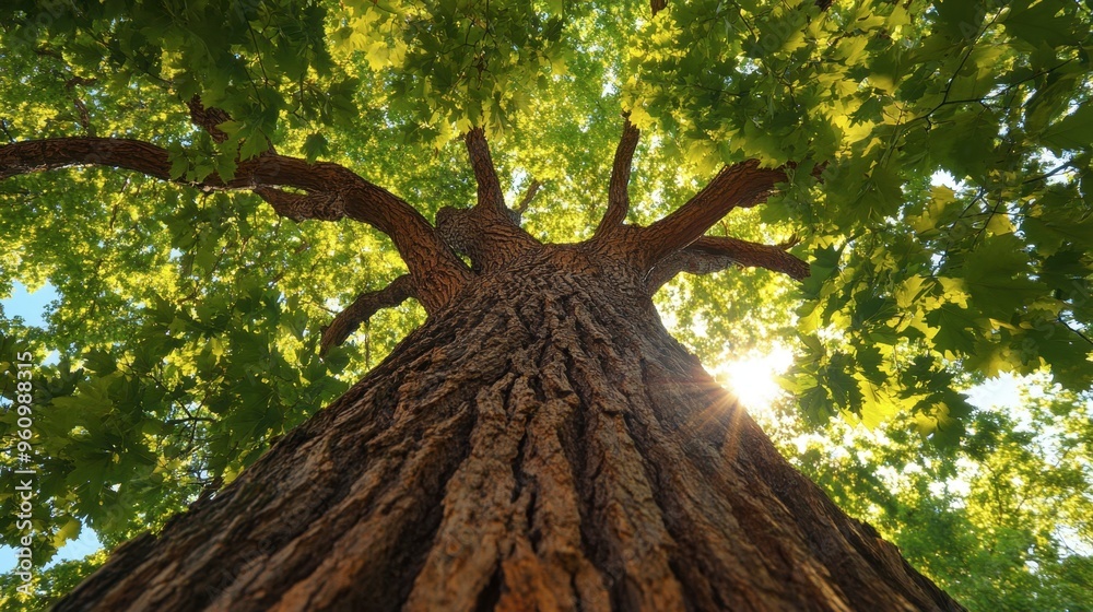Naklejka premium A tree canopy shot from below, with the sky visible through the leaves.