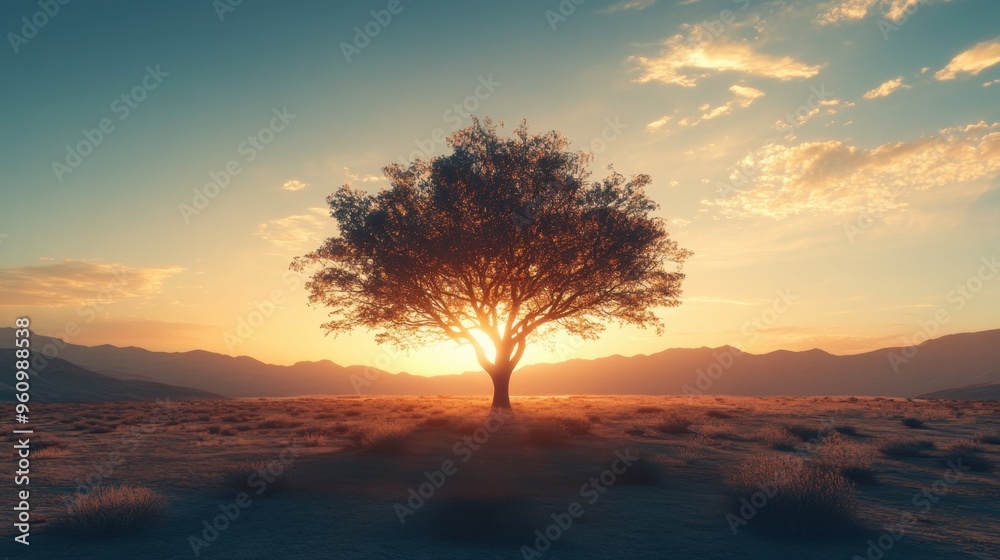 Fototapeta premium A tree in a desert landscape, standing alone with the sun setting behind it.