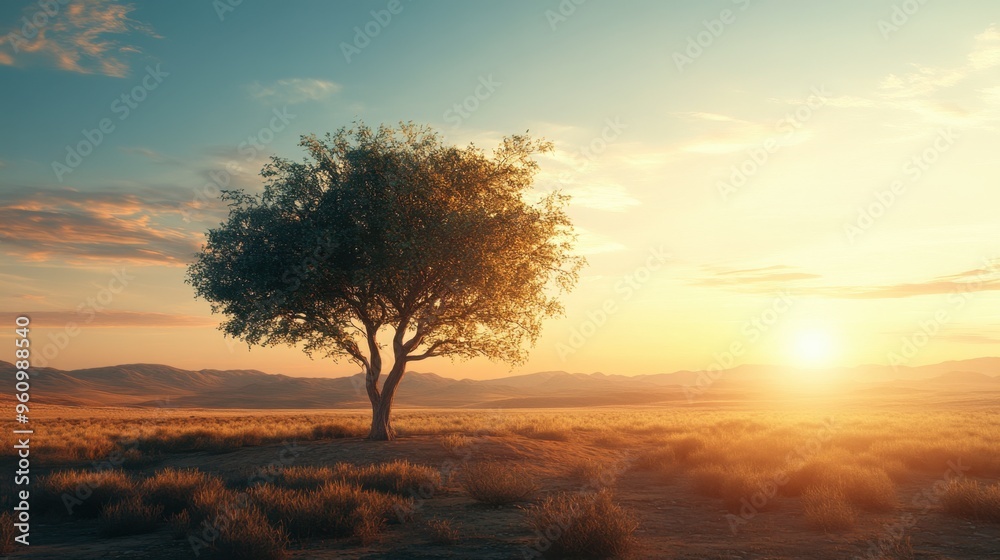 A tree in a desert landscape, standing alone with the sun setting behind it. A tree in a desert landscape, standing alone with the sun setting behind it.