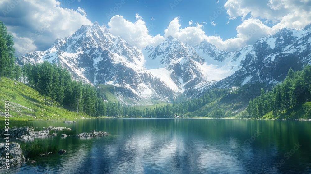 Majestic snow-covered peaks with serene alpine meadows, photorealistic, panoramic view of untouched wilderness and crystal-clear lakes, breathtaking mountain scenery
