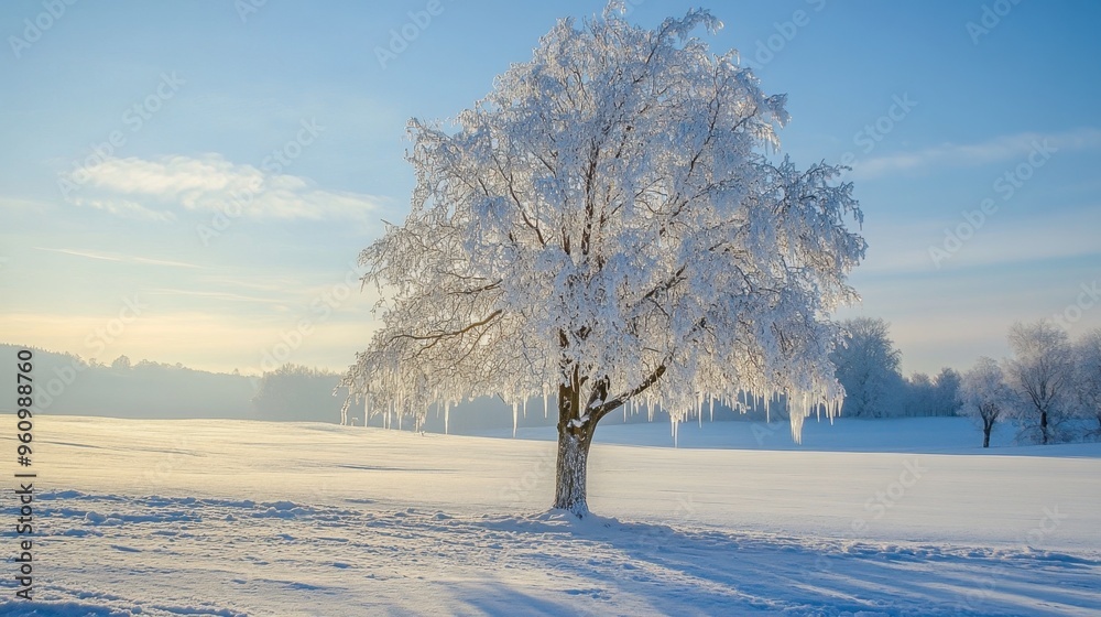 A tree in a winter landscape, covered in a blanket of fresh snow, with icicles hanging from the branches. A tree in a winter landscape, covered in a blanket of fresh snow, with icicles hanging from the branches.