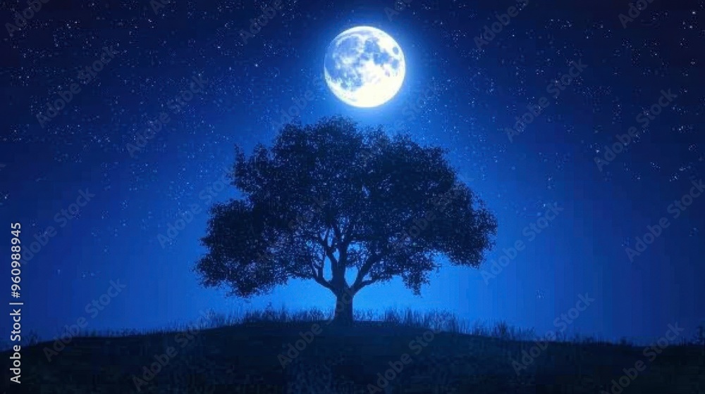 A tree silhouetted against a full moon in a clear night sky. A tree silhouetted against a full moon in a clear night sky.