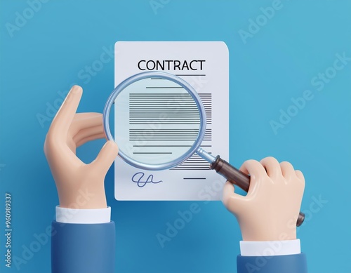 3D hand uses a magnifying glass to examine a contract, 3D illustration photo