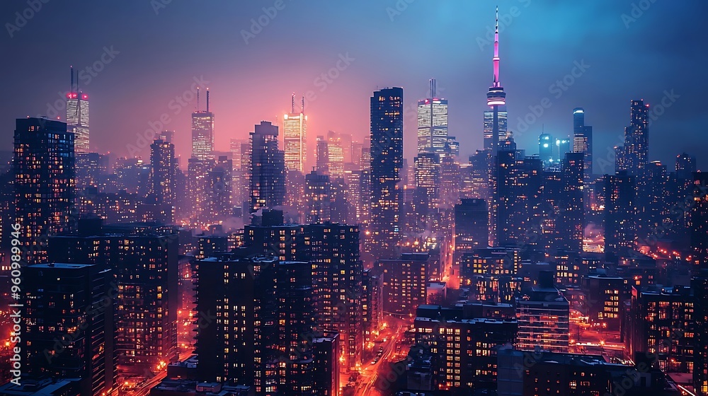 Fototapeta premium Skyscrapers glow through the fog in a mysterious cityscape under the night sky.