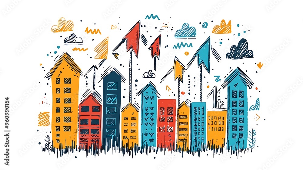 A doodled cityscape with arrows pointing up represents progress and ambition. A doodled cityscape with arrows pointing up represents progress and ambition.