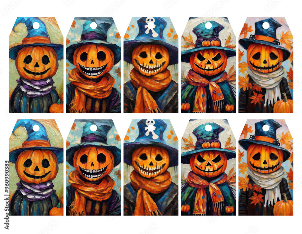 Halloween Pumpkin Heads wearing Hat and Scarf Watercolor Gift Tags Halloween Pumpkin Heads wearing Hat and Scarf Watercolor Gift Tags