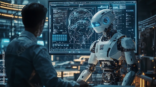 A robot and scientist unite on a project, blending AI with human expertise for the future.