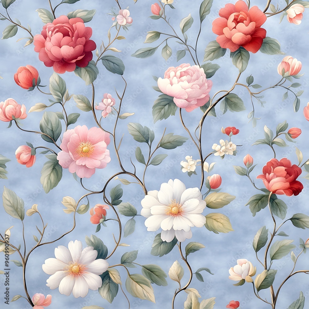 Rococo Floral Pattern A floral pattern influenced by the Rococo art style, characterized by elaborate and ornate designs.,