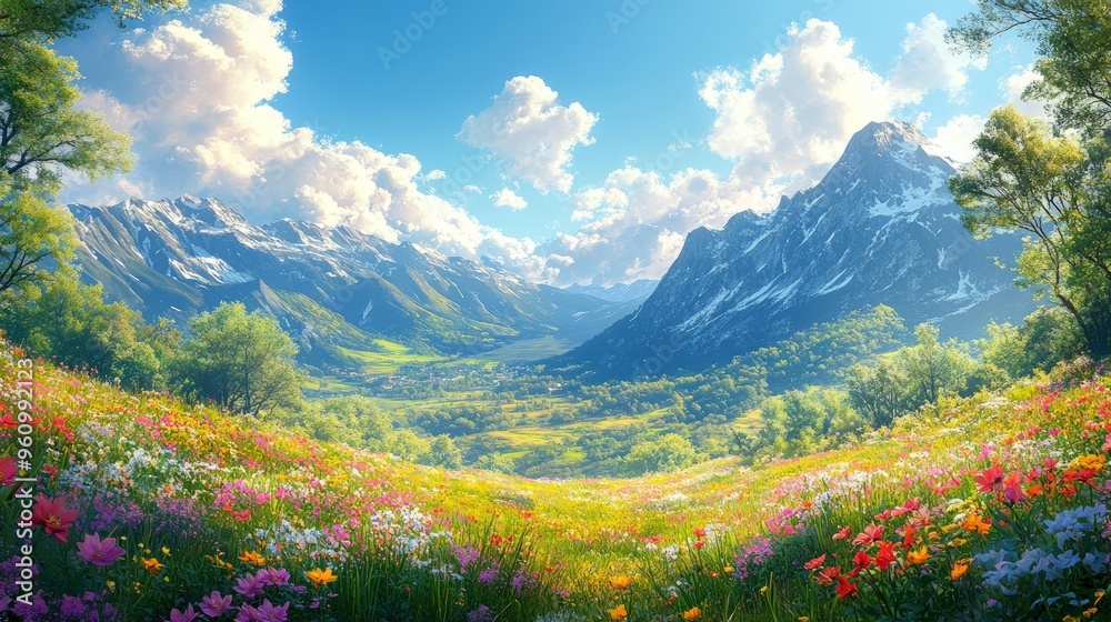 A picturesque mountain valley blanketed in wildflowers, bathed in the golden light of the setting sun. A picturesque mountain valley blanketed in wildflowers, bathed in the golden light of the setting sun.