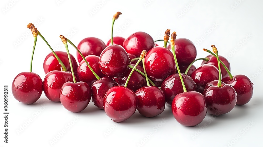 Bright red cherries with green stems pop against a clean white background. Bright red cherries with green stems pop against a clean white background.