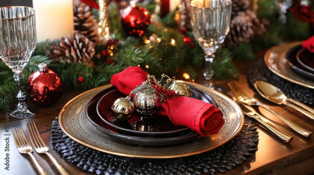Holiday table setting with jingle bell napkin rings, sparkling candlelight and festive decor Holiday table setting with jingle bell napkin rings, sparkling candlelight and festive decor