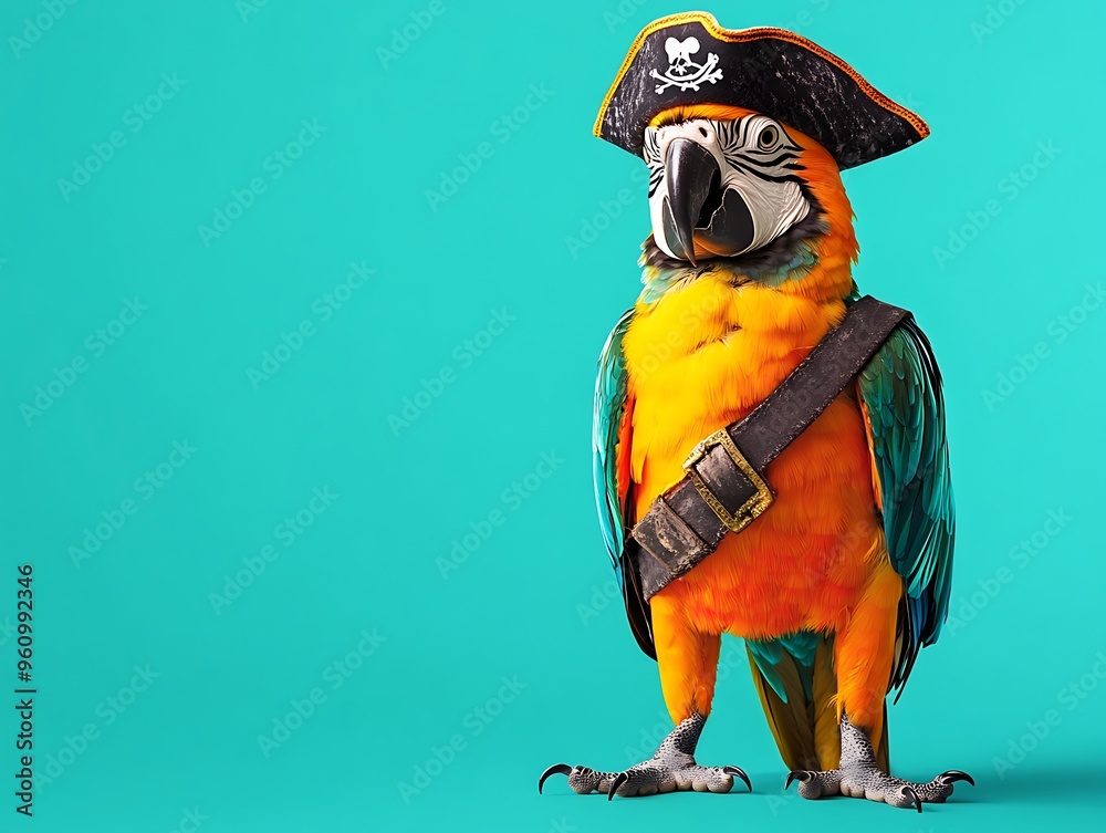 Fototapeta premium A parrot in a pirate costume with a small hat and eye patch, perched on an isolated teal background with space above for text