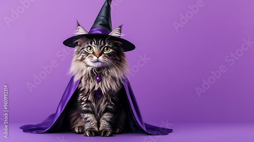 A fluffy cat dressed as a witch with a pointed hat and cape, sitting on an isolated purple background, leaving ample space above for text