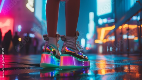 Wallpaper Mural Vibrant LED platform boots stand out on a rainy city street at night, reflecting neon lights off the wet pavement. This image captures the essence of modern urban fashion, perfect for nightlife or Torontodigital.ca